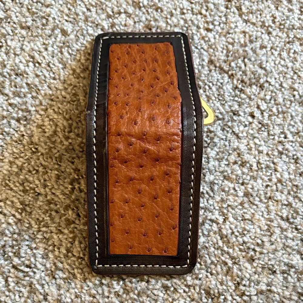 Men's Brown Leather & Ostrich Skin Bifold Wallet Money Clip Contrast Stitching